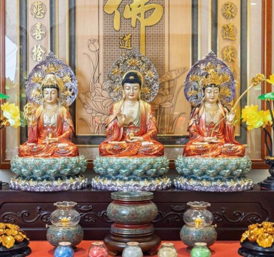 Combo Tượng Tam Thế Phật Đá thạch anh vẽ gấm hiệu ứng đồng 